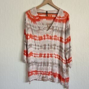 XCVI Tie Dye 3/4 Sleeve V-Neck Popover Tunic Blouse size Large Orange Beige